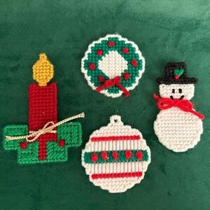 Handmade plastic Canvas and Yarn Christmas Ornaments Set of 4